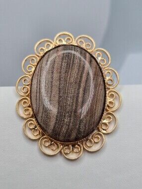 Vintage Victorian Style Filigree Brooch Brown Cabochon Gold Tone 2"